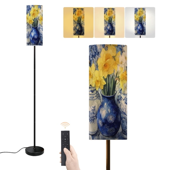 Floor Lamp Daffodils Blue White Porcelain Vases Watercolor Floral Dimmable Modern Standing Lamp with Lampshade Remote Footswitch Tall Pole Corner Lamp for Living Room Bedroom Office