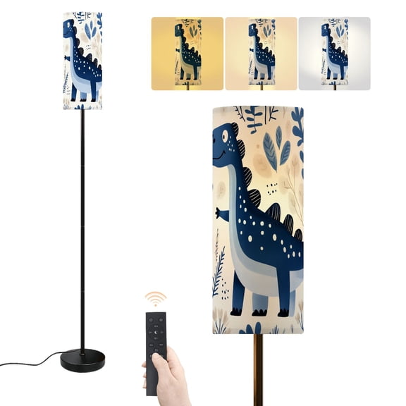 Floor Lamp Dinosaur Navy Friendly Various Leaves Simple Floral Patterns Blue Dimmable Modern Standing Lamp with Lampshade Remote Footswitch Tall Pole Corner Lamp for Living Room Bedroom Office