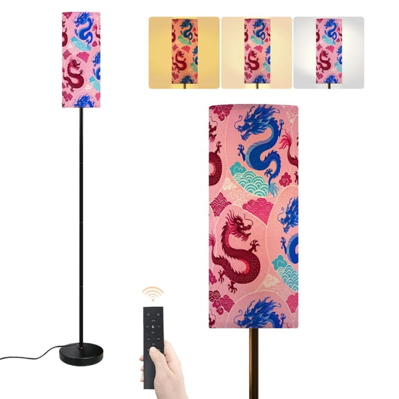 Floor Lamp Dragon Seamless Pink Asian Inspired Decorative Art Dimmable Modern Standing Lamp with Lampshade Remote Footswitch Tall Pole Corner Lamp for Living Room Bedroom Office