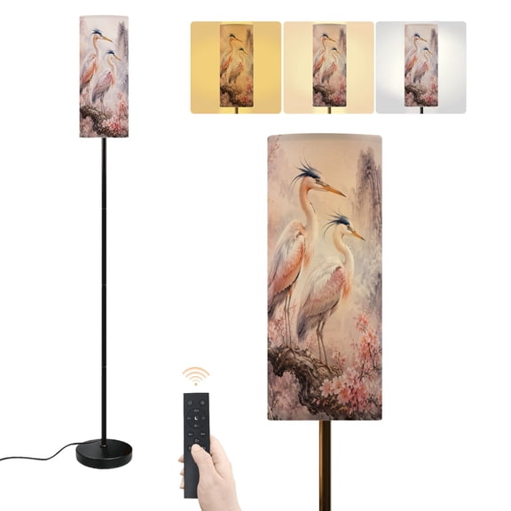 Floor Lamp Elegant Herons Perched Cherry Blossom Tree Branches Asian Inspired Dimmable Modern Standing Lamp with Lampshade Remote Footswitch Tall Pole Corner Lamp for Living Room Bedroom Office