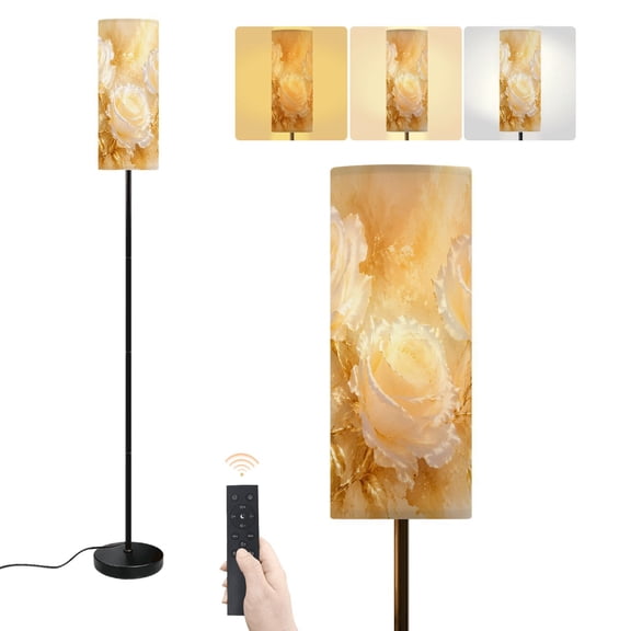 Floor Lamp Elegant White Roses Golden Leaves Soft Abstract Dimmable Modern Standing Lamp with Lampshade Remote Footswitch Tall Pole Corner Lamp for Living Room Bedroom Office