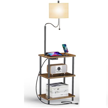 Dungoo Floor Lamp With Side Table - USB/Type-C Charging & Outlets, Rustic Design For Bedroom Or Living Room