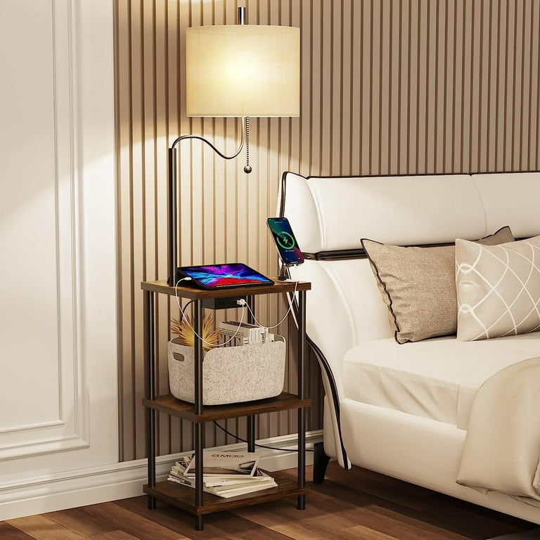 Floor Lamp End Table with Charging Station Retro Bedside Table with Lamp for Living Room Small Side Table Nightstand for Bedroom Floor Lamp with