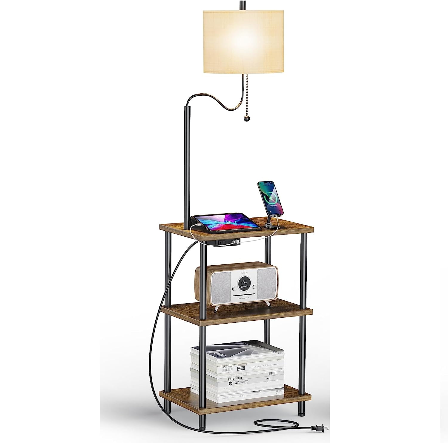 Rustic Brown Wood and Metal Floor Lamp End Table with USB Charging Station