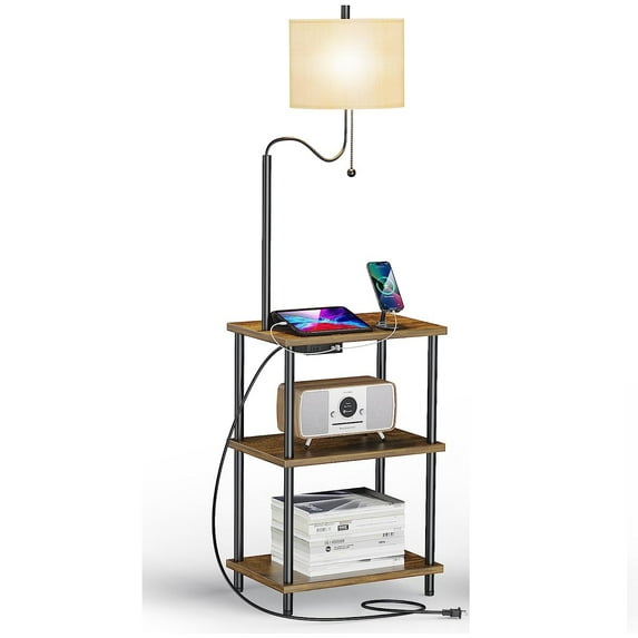 Floor Lamp End Table with Charging Station, Retro Bedside Table with Lamp for Living Room, Small Side Table Nightstand for Bedroom, Floor Lamp with USB Ports Type-C(Bulb Included, Brown)