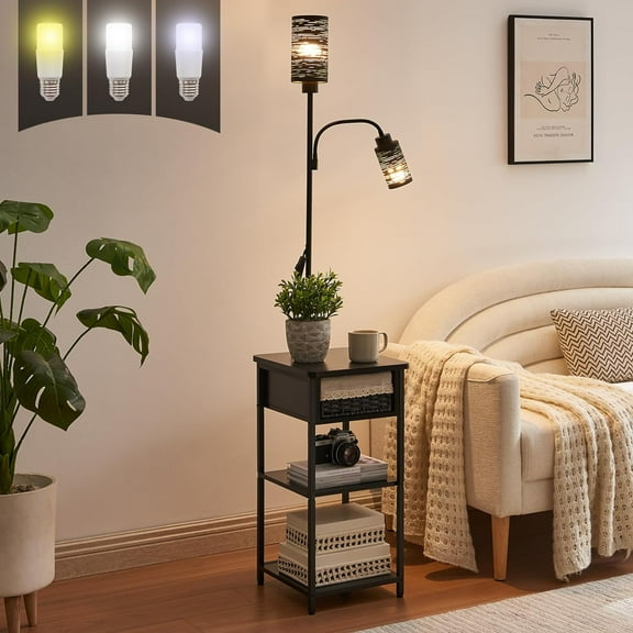 Floor Lamp with End Table, Side Table with Lamp Attached, Bedside Nightstand Light for Small Spaces with Wicker Drawer and Storage Shelf for Living Room, Bedroom, Guest Room, 2 Bulbs Included