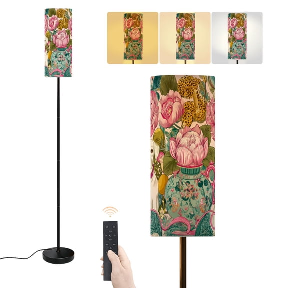 Floor Lamp Fanciful Floral White Dogs Green Leaves Ornamental Vase Pink Dimmable Modern Standing Lamp with Lampshade Remote Footswitch Tall Pole Corner Lamp for Living Room Bedroom Office