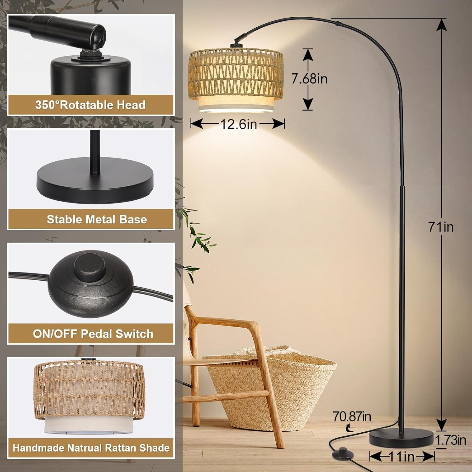 Floor Lamp, Floor Lamps for Living Room, Standing Lamp with Adjustable Hanging Fabric Shade, Tall Pole Lamp with Foot Switch, Over Couch Reading Light for Bedroom, Office