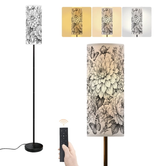 Floor Lamp Floral seamless Peonies aster hydrangea Dimmable Modern Standing Lamp with Lampshade Remote Footswitch Tall Pole Corner Lamp for Living Room Bedroom Office