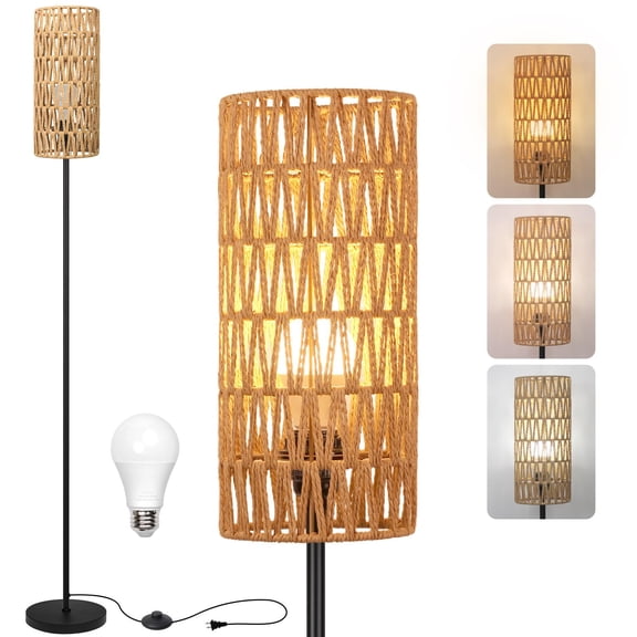 Floor Lamp For Living Room Farmhouse Rattan Modern Standing With Hand-worked Shade Black Tall Foot Bedroom Office Led Bulb Is Included.