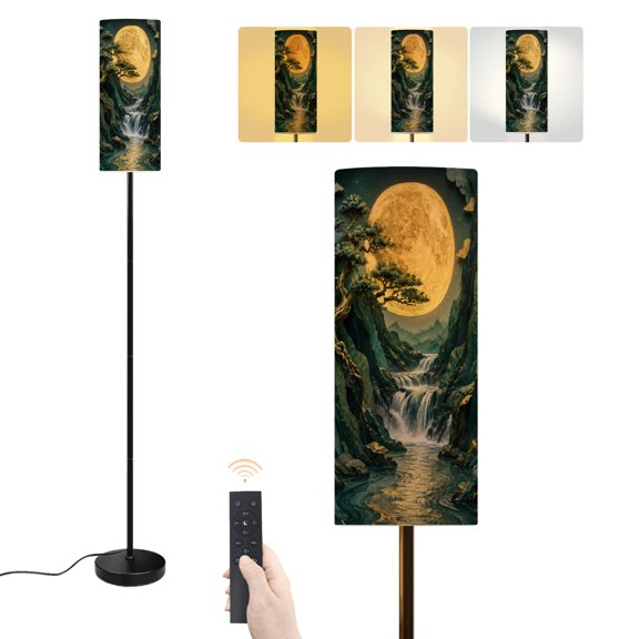 Floor Lamp Full Moon Canyon Waterfall Ancient Bonsai Tree Fantasy Landscape Dimmable Modern Standing Lamp with Lampshade Remote Footswitch Tall Pole Corner Lamp for Living Room Bedroom Office