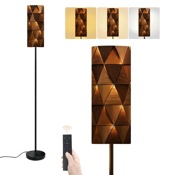 Floor Lamp Geometric Wooden Illuminated Triangles Warm Tones Dimmable Modern Standing Lamp with Lampshade Remote Footswitch Tall Pole Corner Lamp for Living Room Bedroom Office