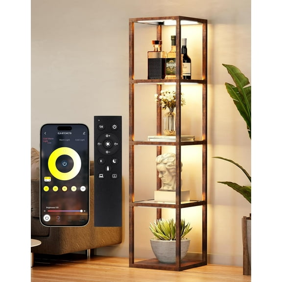 Floor Lamp Glass Display Shelf with Remote/APP Control, Dimmable LED Floor Lamp with Shelves, Open Display Cabinet, Color Temp Control (2700K-6000K), Rustic Brown