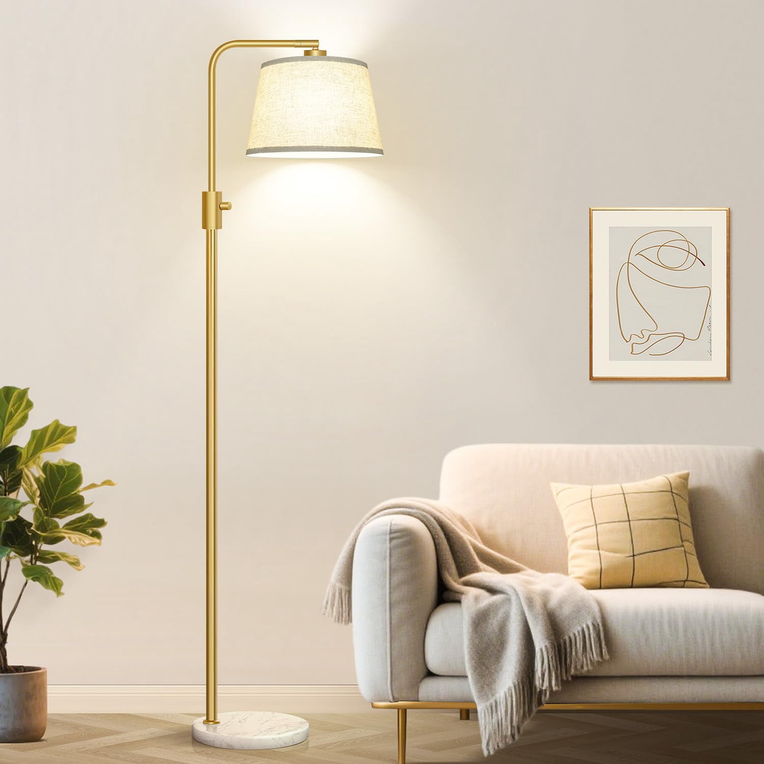 Floor Lamp Gold-White Shade-Marble Base Dimmable Standing Lamp for Living Room and Bedroom