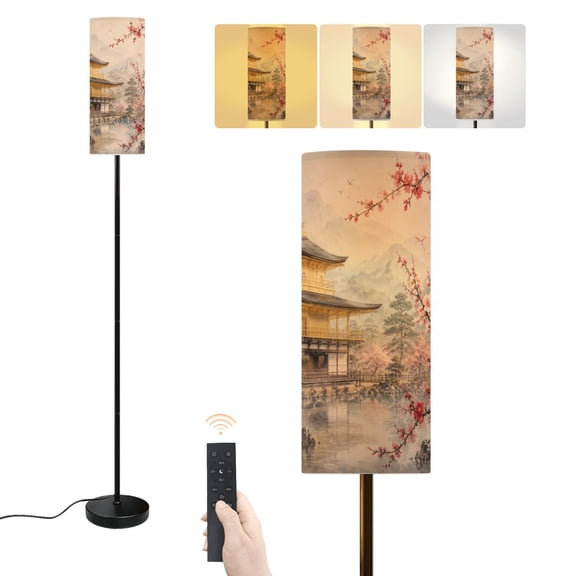 Floor Lamp Golden Temple Surrounded by Cherry Blossoms Reflective Water Misty Dimmable Modern Standing Lamp with Lampshade Remote Footswitch Tall Pole Corner Lamp for Living Room Bedroom Office