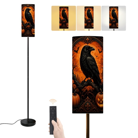 Floor Lamp Halloween Raven Tree Branch Full Moon Pumpkins Crow Jack-o'-lanterns Dimmable Modern Standing Lamp with Lampshade Remote Footswitch Tall Pole Corner Lamp for Living Room Bedroom Office