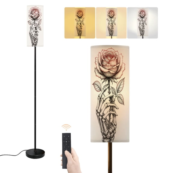 Floor Lamp Handdrawn skeleton bones hand rose flower engraved Dimmable Modern Standing Lamp with Lampshade Remote Footswitch Tall Pole Corner Lamp for Living Room Bedroom Office