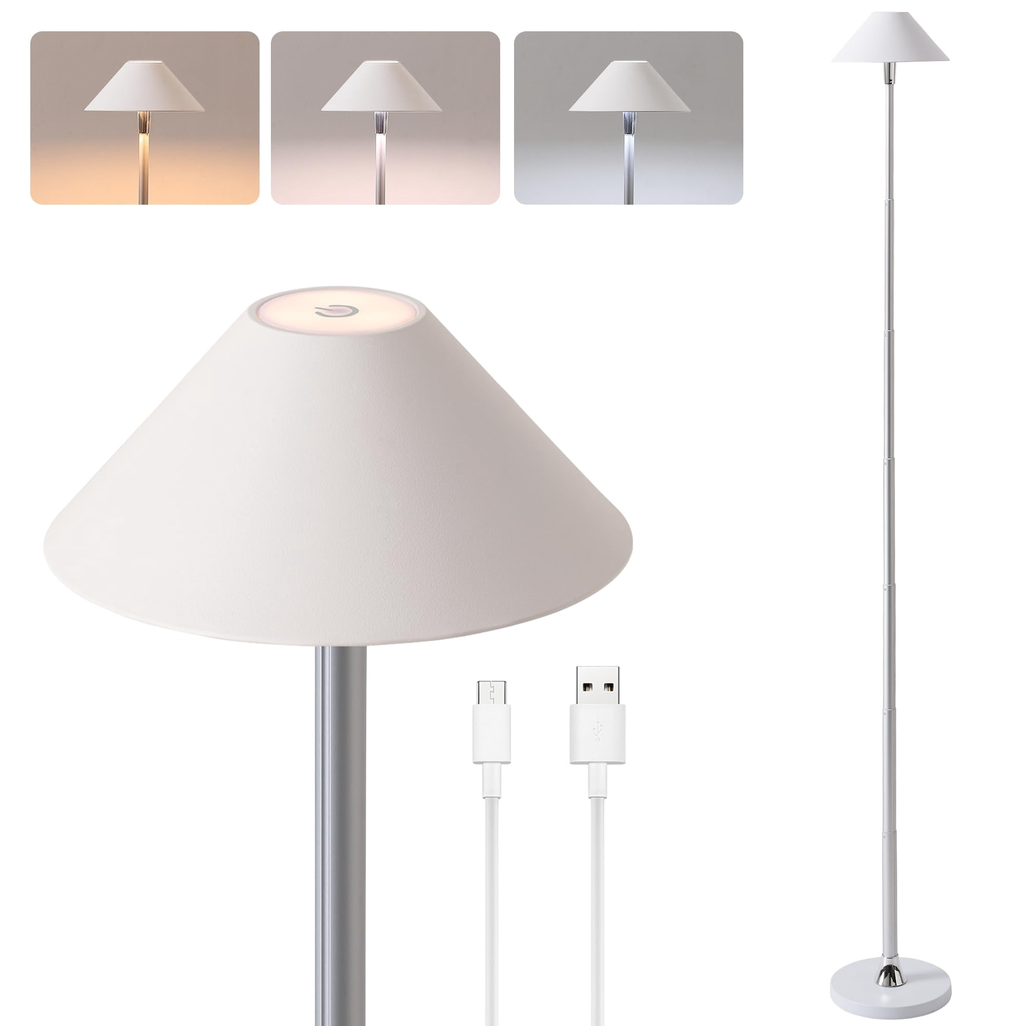 Floor Lamp for Indoor/Outdoor, Cordless Tall Standing Lamp with 3 Color Temps & Dimmable, IP43 Waterproof, Adjustable Height 16-59 Inch, LED Floor Lamp for Living Room, Patio(Black)