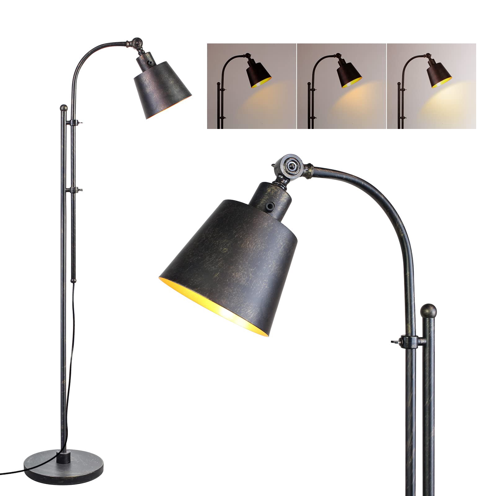 Floor Lamp, Industrial Floor Lamps for Living Rooms Rustic Farmhouse Reading Standing Floor Lamp Adjustable Metal Heads Indoor Task Lighting for Living Room Bedroom Office Home Décor (Black)