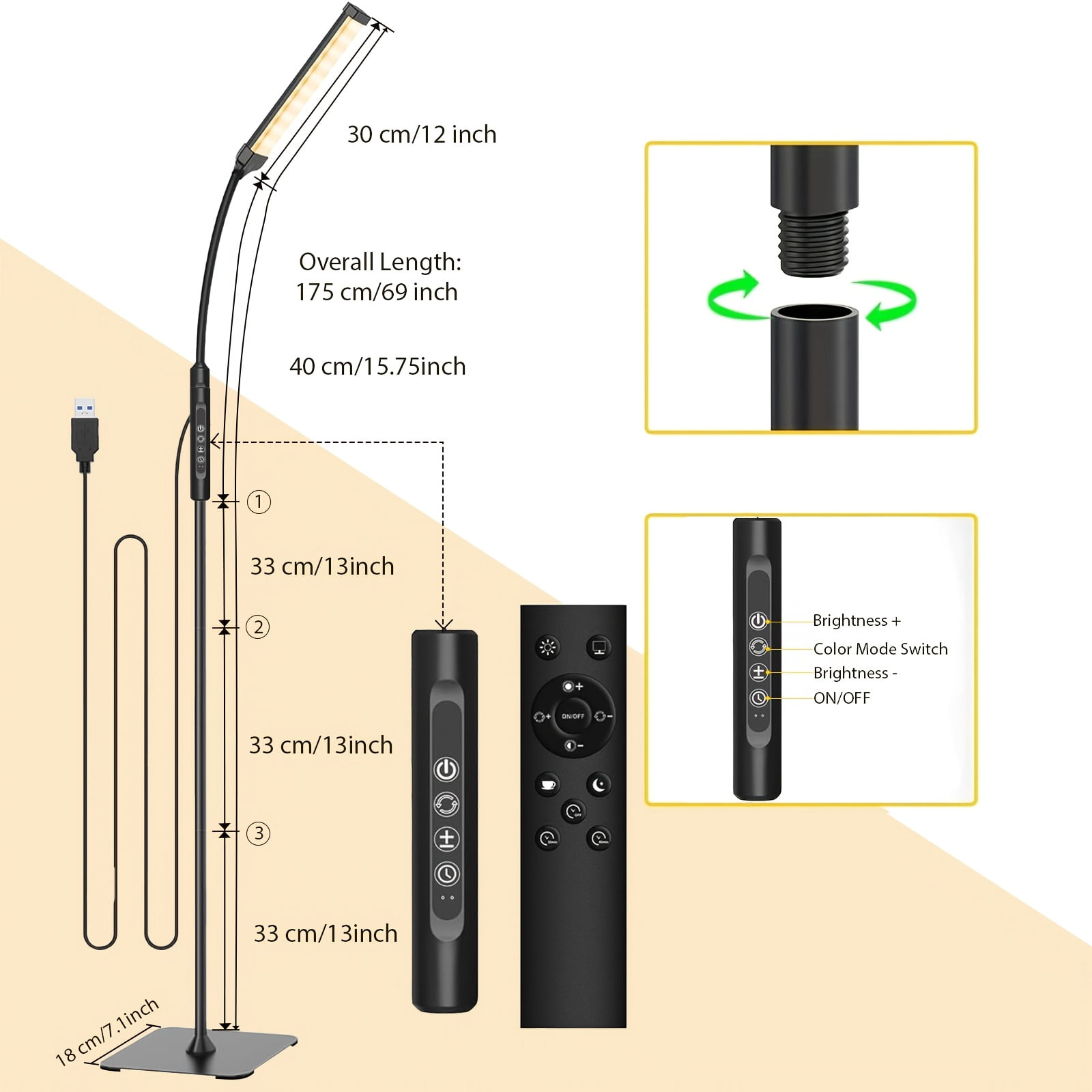 Floor Lamp, LED Floor Lamps for Living Room, Stepless Adjust Color Temperatures & Brightness Standing Lamp with Touch Control Tall Lamps Adjustable Gooseneck Reading Floor Lamp (Black)