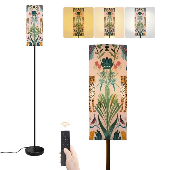 Floor Lamp Leopard Jungle Animal Boho Leaf Tropical Flowers Paradise Birds Green Dimmable Modern Standing Lamp with Lampshade Remote Footswitch Tall Pole Corner Lamp for Living Room Bedroom Office