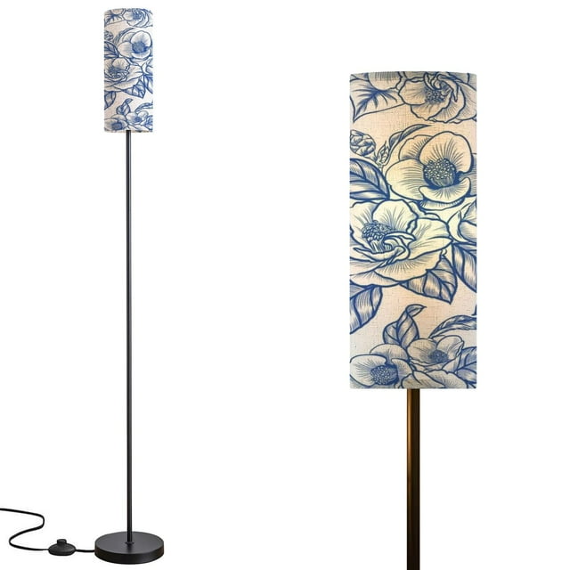 Floor Lamp for Living Room with 3 Color Temperature Vintage Camelia seamless pattern Spring flowers Modern LED Standing Lamp，Minimalist Tall Lamp with linen lamp shade