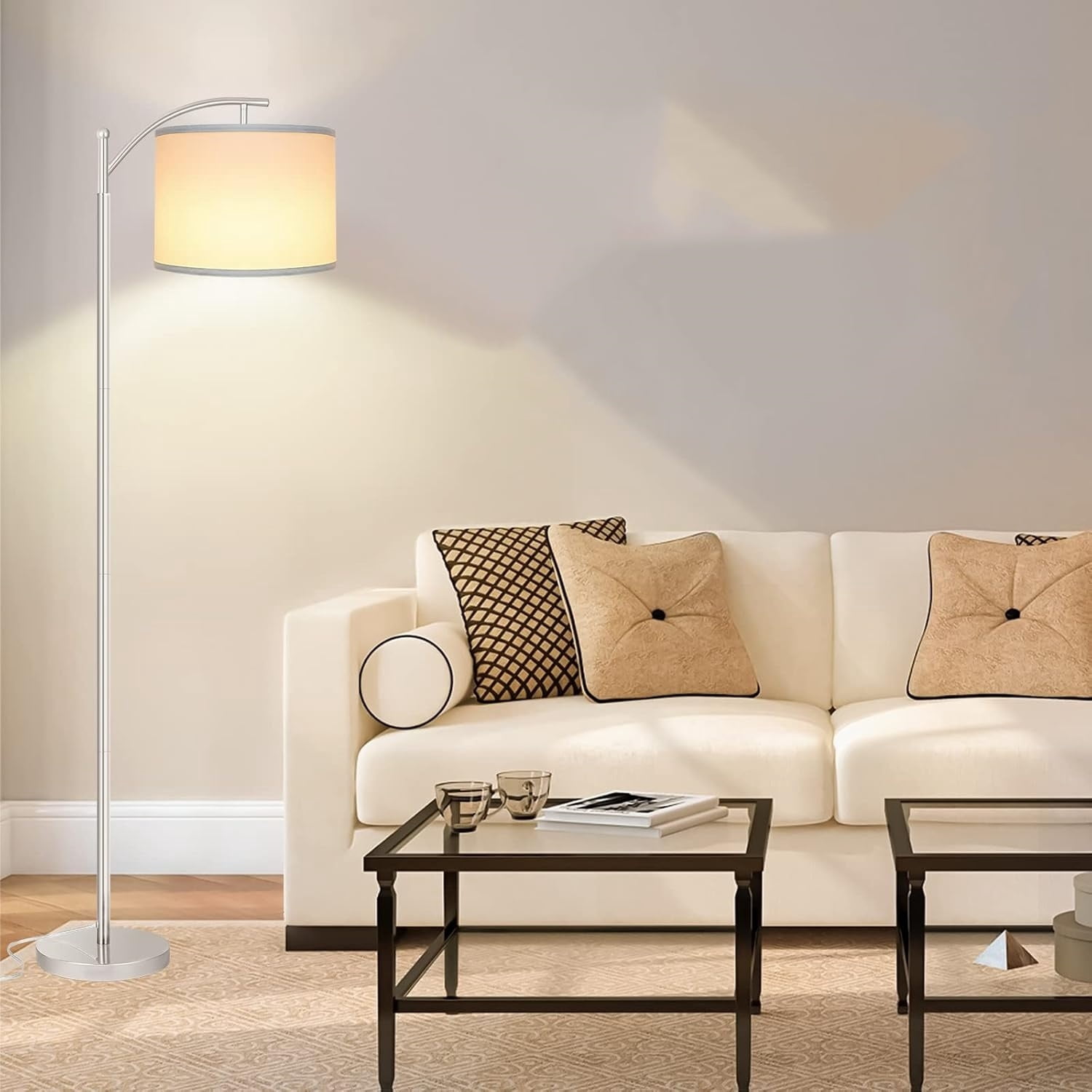Floor Lamp for Living Room with 3 Color Temperatures LED Bulb, Standing Lamp Tall Floor Lamp Reading for Bedroom, Office (9W LED Bulb, White Lampshade Included) -Silver