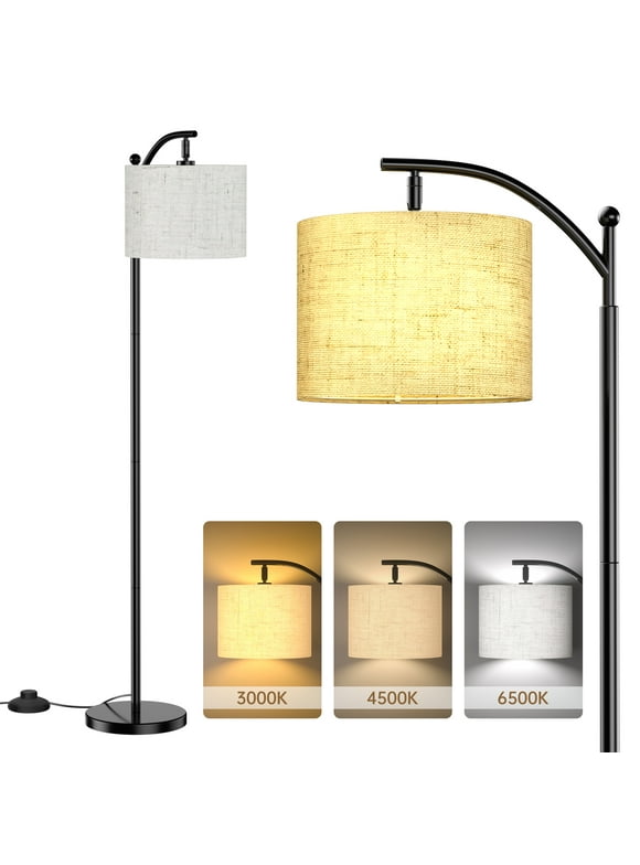 Floor Lamp for Living Room with 3 Color Temperatures, Tall Modern Standing Lamp with Linen Shade, Footswitch, Mid Century Floor Lamp for Bedrooms, Office (9W LED Bulb Included)