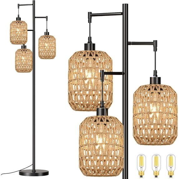 Floor Lamp for Living Room,Bedroom, Rattan Tree 3 Lights Farmhouse Floor Lights,Industrial Black Standing Lamp Wicker Rustic Tall Lamp,Woven Bamboo LampShade Floor Lamps Bohemian
