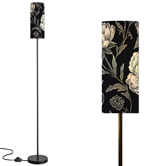 Floor Lamp for Living Room Bedroom Office with 3 Color Temperature LED Bulb Black white floral Peonies bird beetle Modern Standing Lamp, Dimmable Corner Floor Lamp with Remote