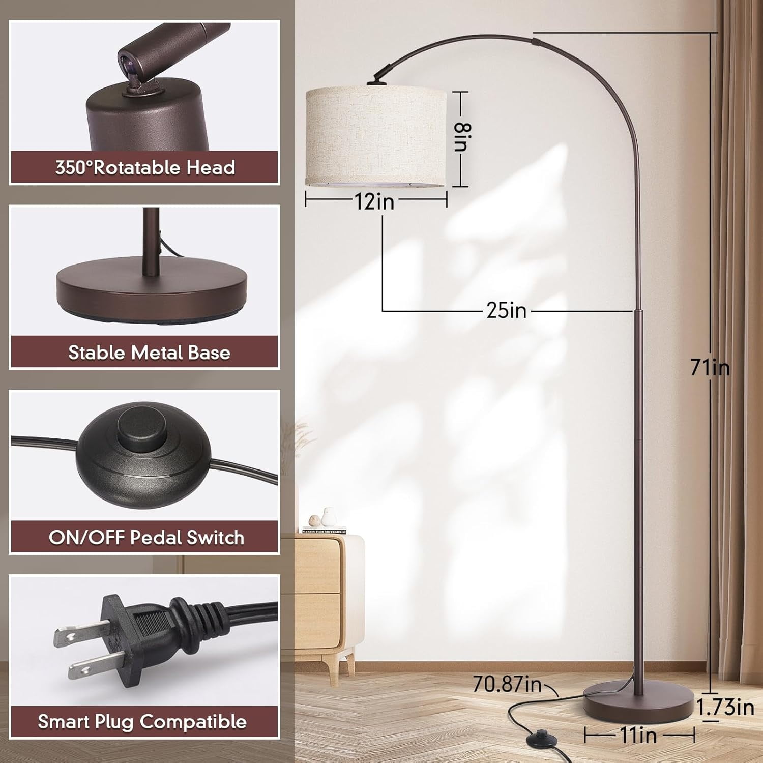Floor Lamp for Living Room, Lamp with Adjustable Head, Modern Tall Lamp with On/Off Pedal Switch, Over Couch Standing Hanging Light for Reading, Bedroom, Office (Brown)