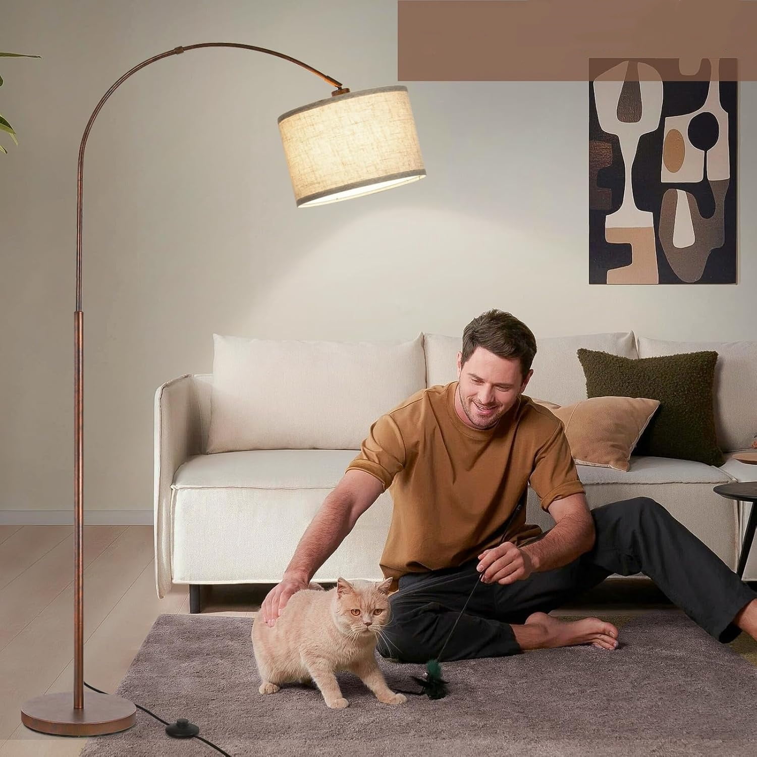 Floor Lamp for Living Room, Vintage Arc Floor Lamp with Adjustable Lamp Head, Tall Pole Lamp with On/Off Pedal Switch, Over Couch Reading Light for Bedroom, Office, Study Room (Antique Bronze)