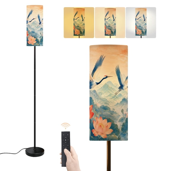 Floor Lamp Majestic Red Crowned Cranes Lotus Flowers Mountains Dimmable Modern Standing Lamp with Lampshade Remote Footswitch Tall Pole Corner Lamp for Living Room Bedroom Office