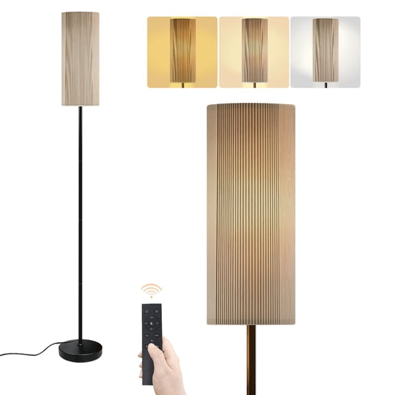 Floor Lamp Minimalist Beige Wood Panel Design Vertical Lines Dimmable Modern Standing Lamp with Lampshade Remote Footswitch Tall Pole Corner Lamp for Living Room Bedroom Office