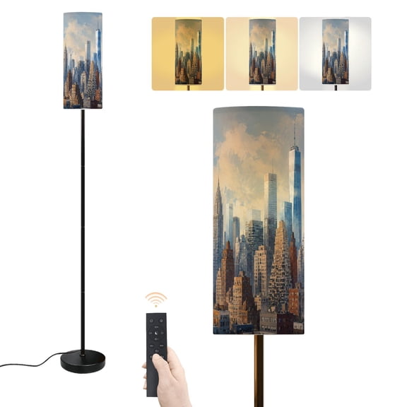 Floor Lamp Modern City Skyline Glass Skyscrapers Urban High Rise Architecture Dimmable Modern Standing Lamp with Lampshade Remote Footswitch Tall Pole Corner Lamp for Living Room Bedroom Office