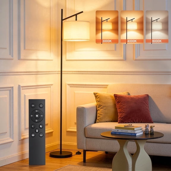 64" Modern Floor Lamp with Remote Control for Living Room, Dimmable LED Floor Lamp with Fabric Drum Shade, Heavy Base, Tall Standing Lamp for Bedroom, Office, Reading Corner