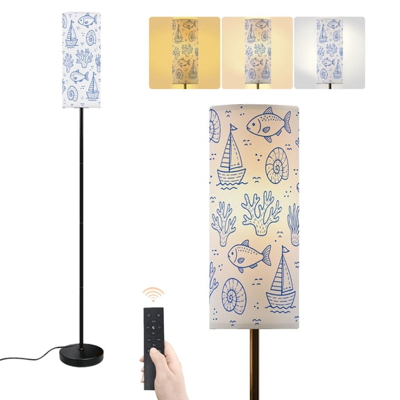 Floor Lamp Nautical Fish Sailboats Spiral Shells Blue Line Art Dimmable Modern Standing Lamp with Lampshade Remote Footswitch Tall Pole Corner Lamp for Living Room Bedroom Office