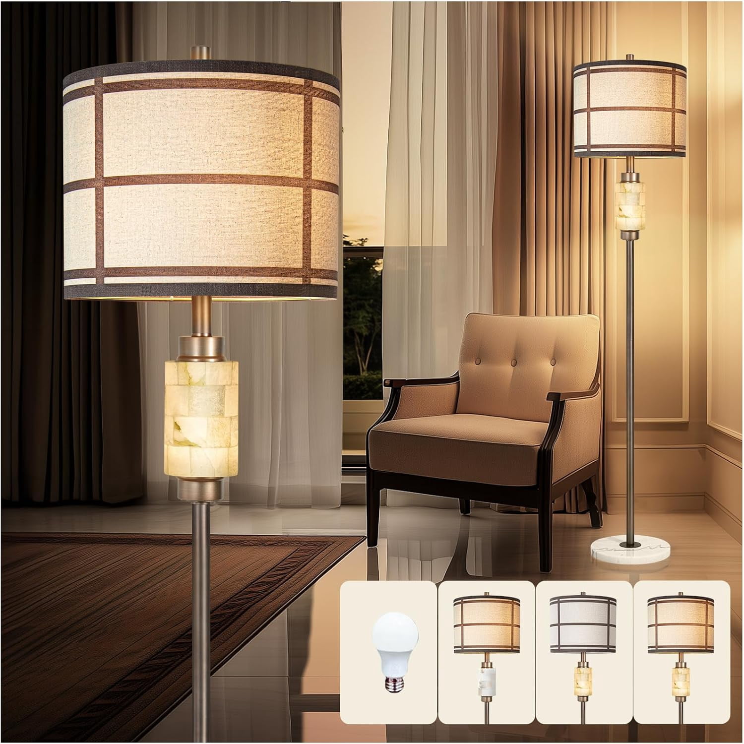 Floor Lamp with Night Light for Bedroom,Natural Alabaster Modern Floor ...