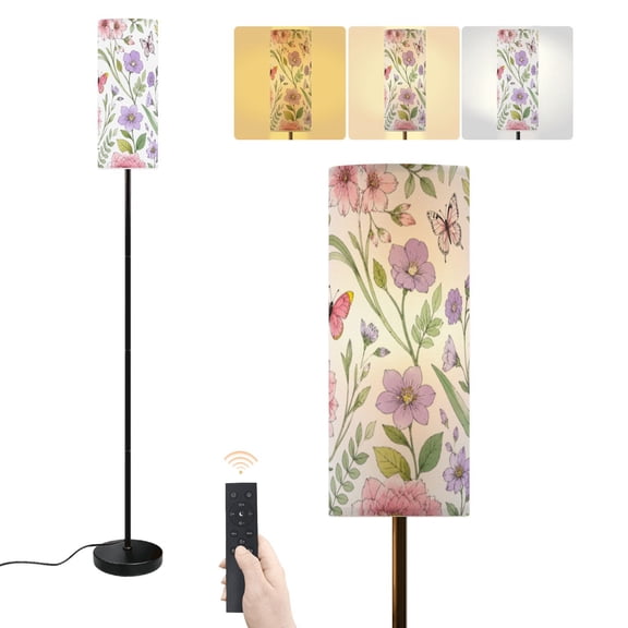 Floor Lamp Pastel Floral Butterfly Seamless Spring Flowers Botanical Dimmable Modern Standing Lamp with Lampshade Remote Footswitch Tall Pole Corner Lamp for Living Room Bedroom Office