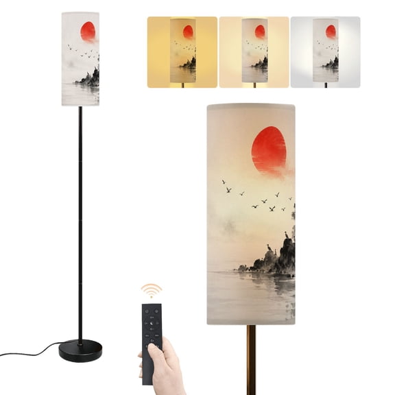 Floor Lamp Red Sun Serene Lake Birds Trees Traditional Ink Wash Style Dimmable Modern Standing Lamp with Lampshade Remote Footswitch Tall Pole Corner Lamp for Living Room Bedroom Office