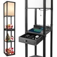 thumbnail image 1 of Floor Lamp with Shelves, 1 Drawer, 2 USB-C Ports, 2 AC Outlets, LED Modern Floor Lamp with 3 Color Temperature, Storage Display Wood Standing Lamp for Living Room, Bedroom, Office (Black), 1 of 12
