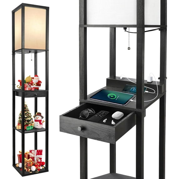 Floor Lamp with Shelves, 1 Drawer, 2 USB-C Ports, 2 AC Outlets, LED Modern Floor Lamp with 3 Color Temperature, Storage Display Wood Standing Lamp for Living Room, Bedroom, Office (Black)