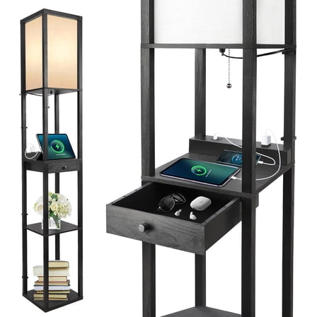 Floor Lamp with Shelves, 1 Drawer, 2 USB-C Ports, 2 AC Outlets, LED Modern Floor Lamp with 3 Color Temperature, Storage Display Wood Standing Lamp for Living Room, Bedroom, Office