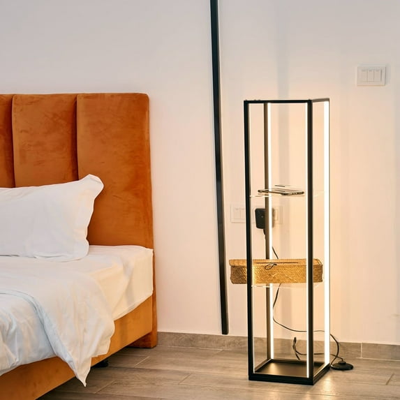 Floor Lamp with Shelves - Black LED Standing Lamps with Display Shelves for Living Room, Corner Bookshelf Floor Lamps with Charging USB Ports for Bedroom, Office (3000K Warm White)