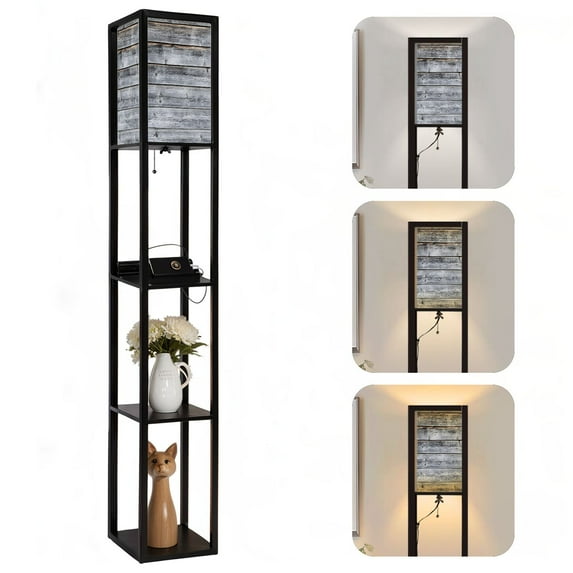 Floor Lamp with Shelves Corner Display Bookshelf Lamp for Living Room and Bedroom Grey Weathered Grain Light Grey Natural Knots Of LED Modern Shelf Floor Lamp 3 Color Temperature
