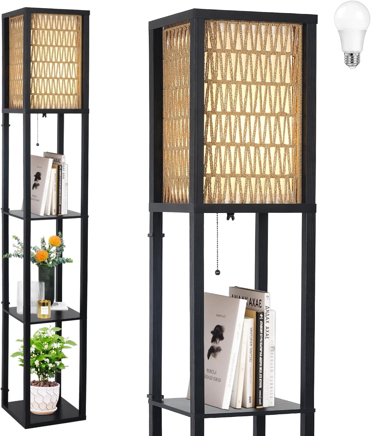 Floor Lamp With Shelves - Wood Corner Standing Lamp, 3 CCT LED Bulb, Pull Chain, Rustic Modern For Living Room Or Bedroom