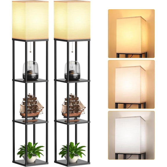 Floor Lamp with Shelves for Living Room 2 Pack, Shelf Floor Lamp with 3 CCT LED Bulb, Corner Display Standing Column Lamp Etagere Organizer Tower Nightstand with White Linen Shade for Bedroom, Office
