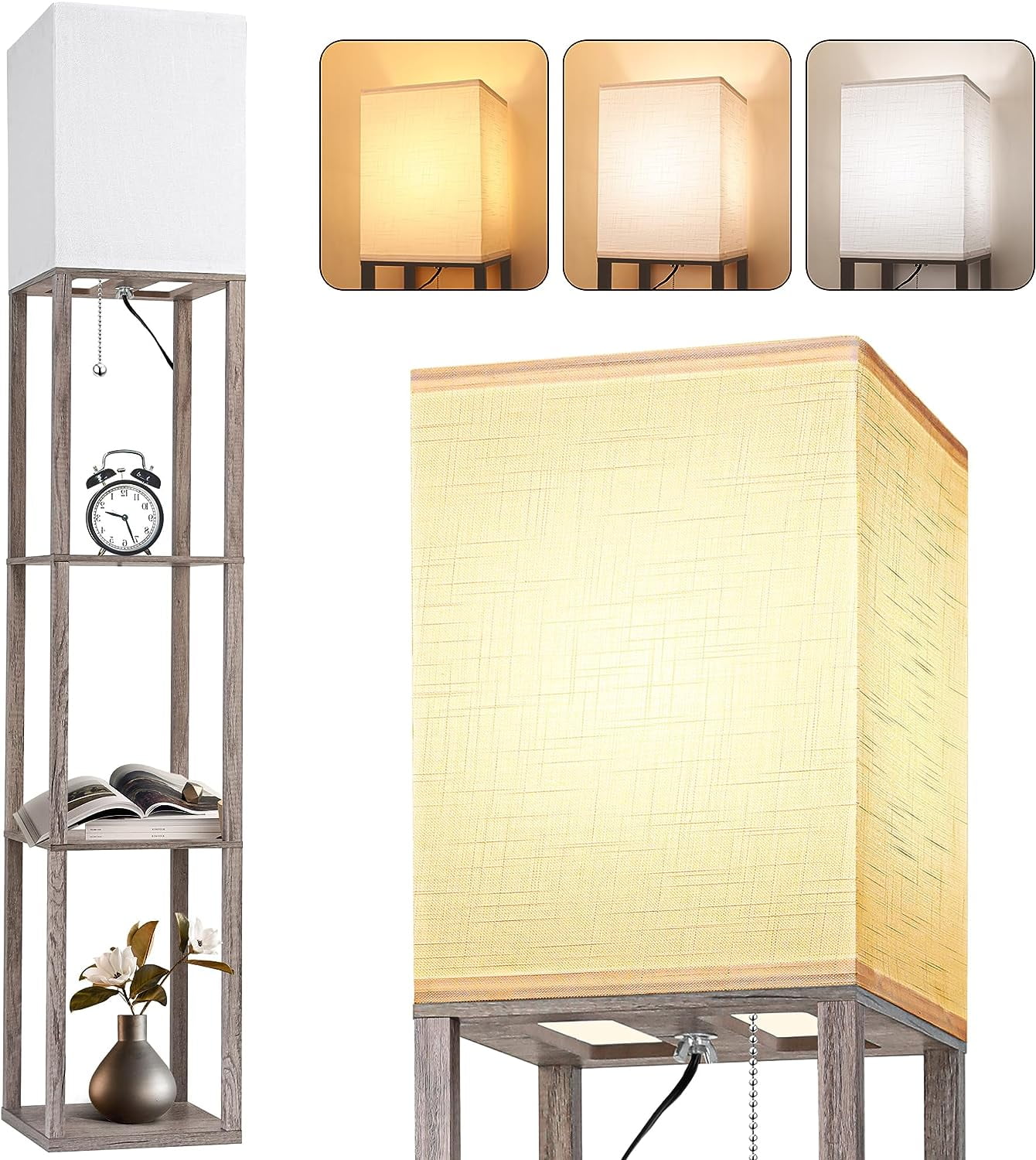 Floor Lamp with Shelves for Living Room, Shelf Floor Lamp with 3 CCT LED Bulb, Corner Display Standing Column Lamp Etagere Organizer Tower Nightstand with White Linen Shade for Bedroom Office