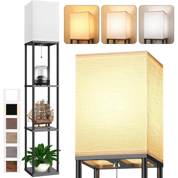 Floor Lamp with Shelves for Living Room, Shelf 3 CCT LED Bulb, Corner Display Standing Column Etagere Organizer Tower Nightstand White Linen Shade Bedroom, Office
