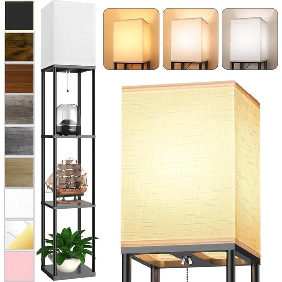 Floor Lamp with Shelves for Living Room, Shelf 3 CCT LED Bulb, Corner Display Standing Column Etagere Organizer Tower Nightstand White Linen Shade Bedroom, Office